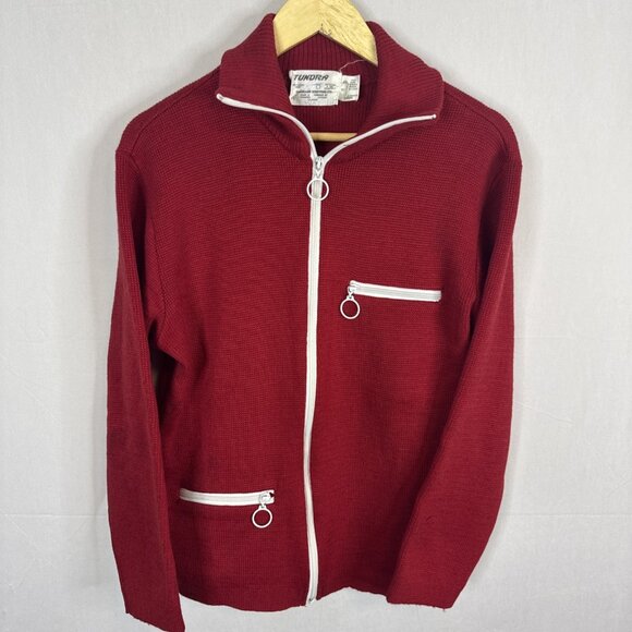 Vintage Tundra Wool Zip Cardigan Men’s S Red White Trim Canada Preppy Curling - Picture 1 of 5